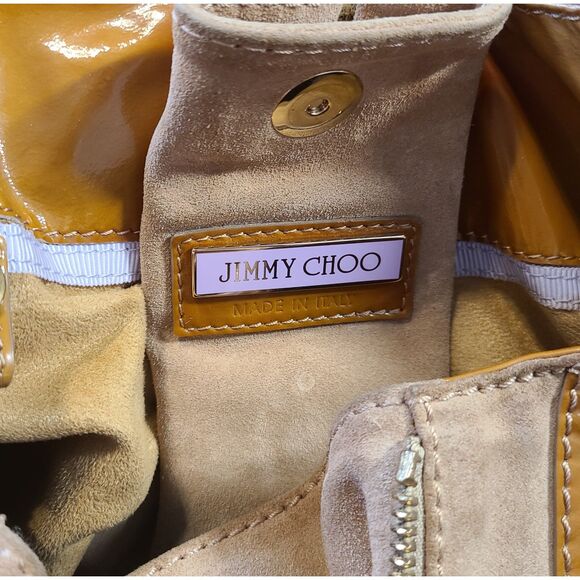 Jimmy Choo "Mandah" Camel Patent Leather & Suede Expandable Hobo Bag w/ COA - Picture 11 of 14